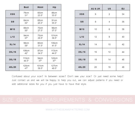 At The Seams Patterns | Size Guide